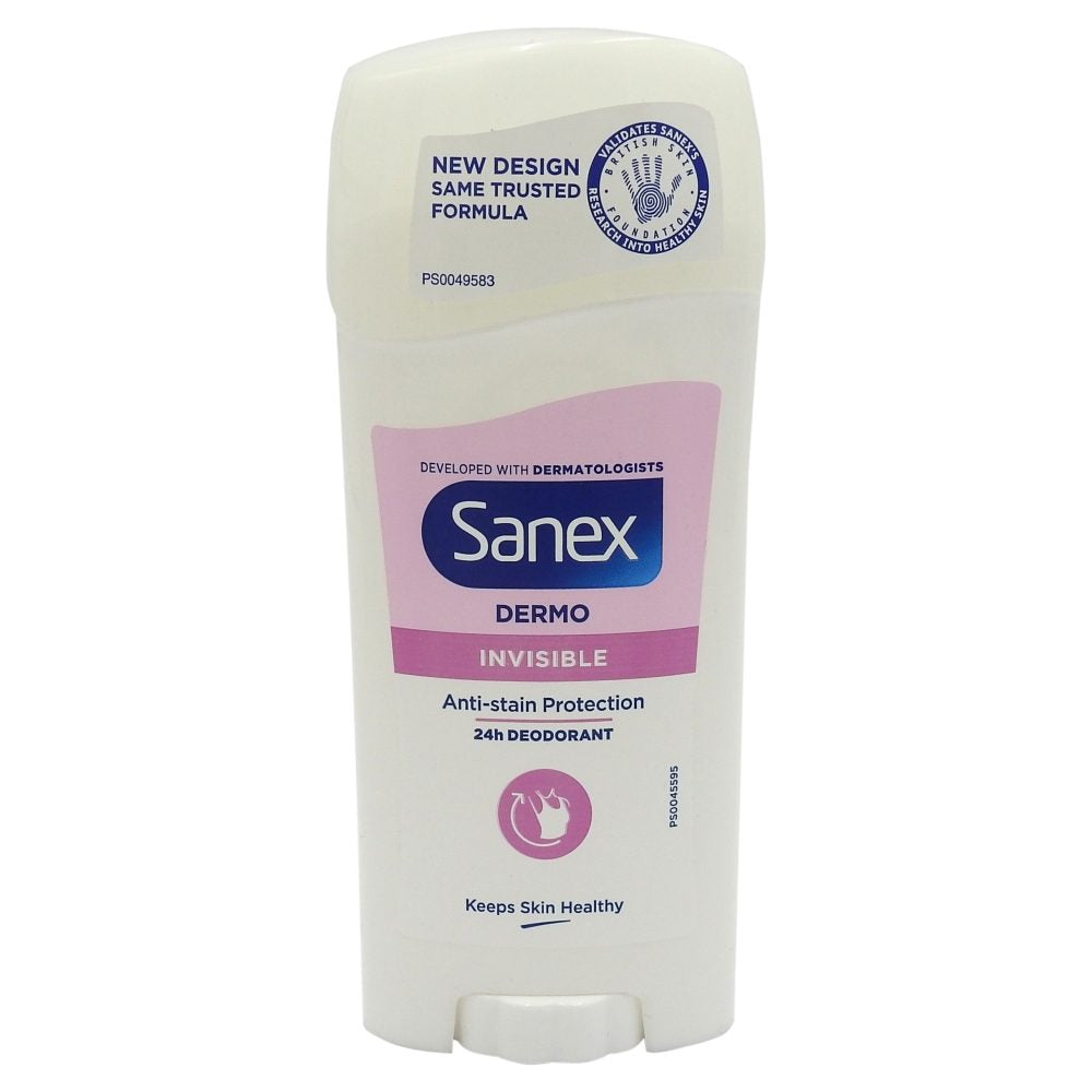Sanex Dermo Invisible Antiperspirant Stick, Protectie 24h Anti-Urme Albe si Galbene, Formula Dermoprotectoare, 65 ml