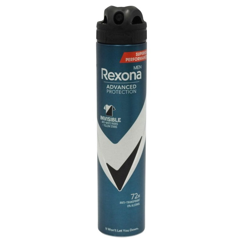 Rexona Men Advanced Protection Invisible, Deodorant Antiperspirant Spray, Tehnologie 72H, Protectie Impotriva Petelor Albe si Galbene, 200 ml