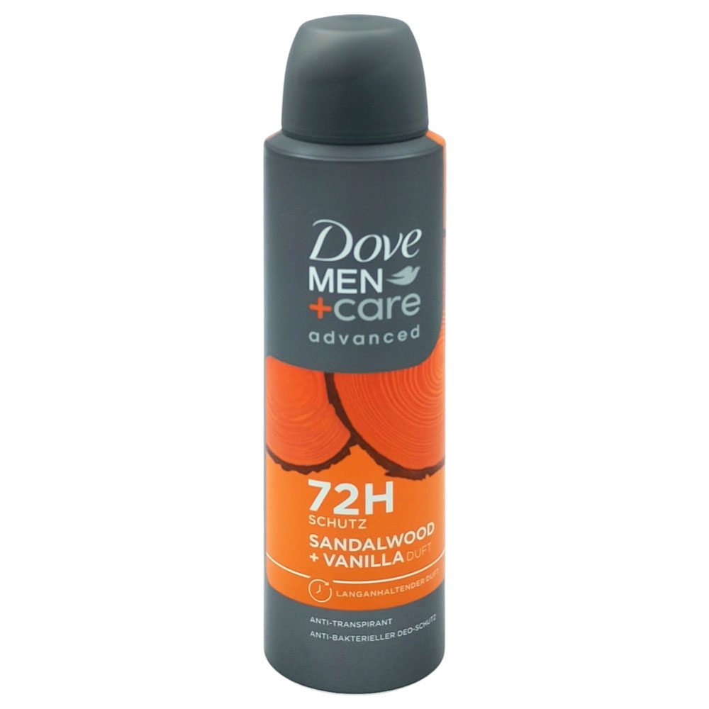 Dove Men+Care Antiperspirant Deodorant Spray, Advanced Care, Tehnologie Triple Action, Parfum Lemn de Santal si Vanilie, Protectie 72h, 150 ml