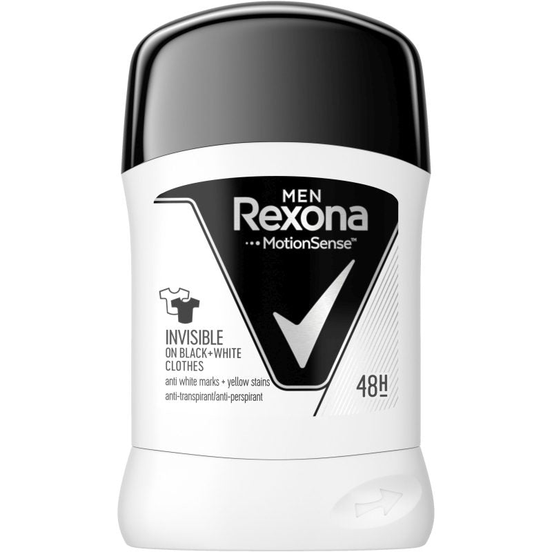 Rexona Men Invisible Black + White, Deodorant Antiperspirant Stick, Protectie 48 Ore, Anti-Pete Albe si Galbene, 50 ml