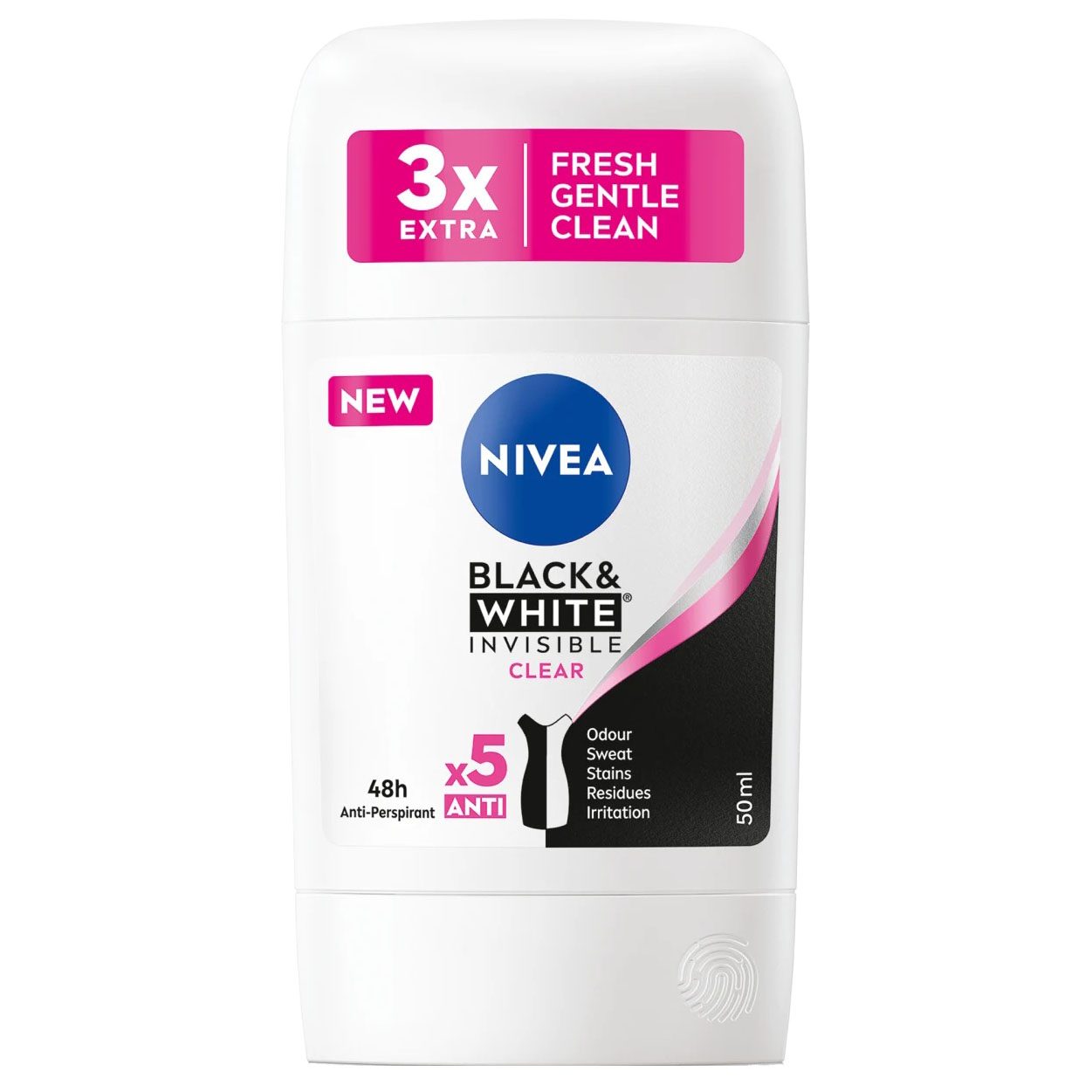 Nivea Invisible Black & White Clear, Deodorant Antiperspirant Stick, Protectie 48h, Anti-Pete Albe si Galbene, 50 ml