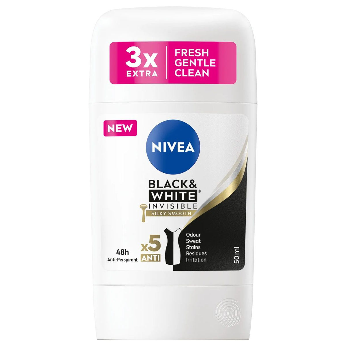 Nivea Men Invisible For Black & White Silky Smooth, Deodorant Antiperspirant Stick, Protectie 48h, Anti-Pete Albe si Galbene, 50 ml