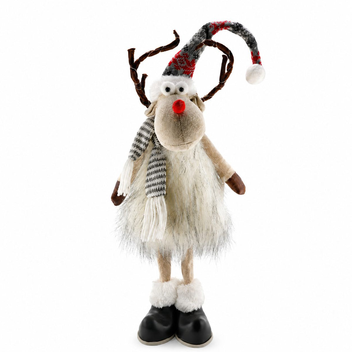 Decoratiune De Craciun Figurina Ren, Statueta Decorativa Festiva, Material Textil Si Plastic, Alb, 30 cm