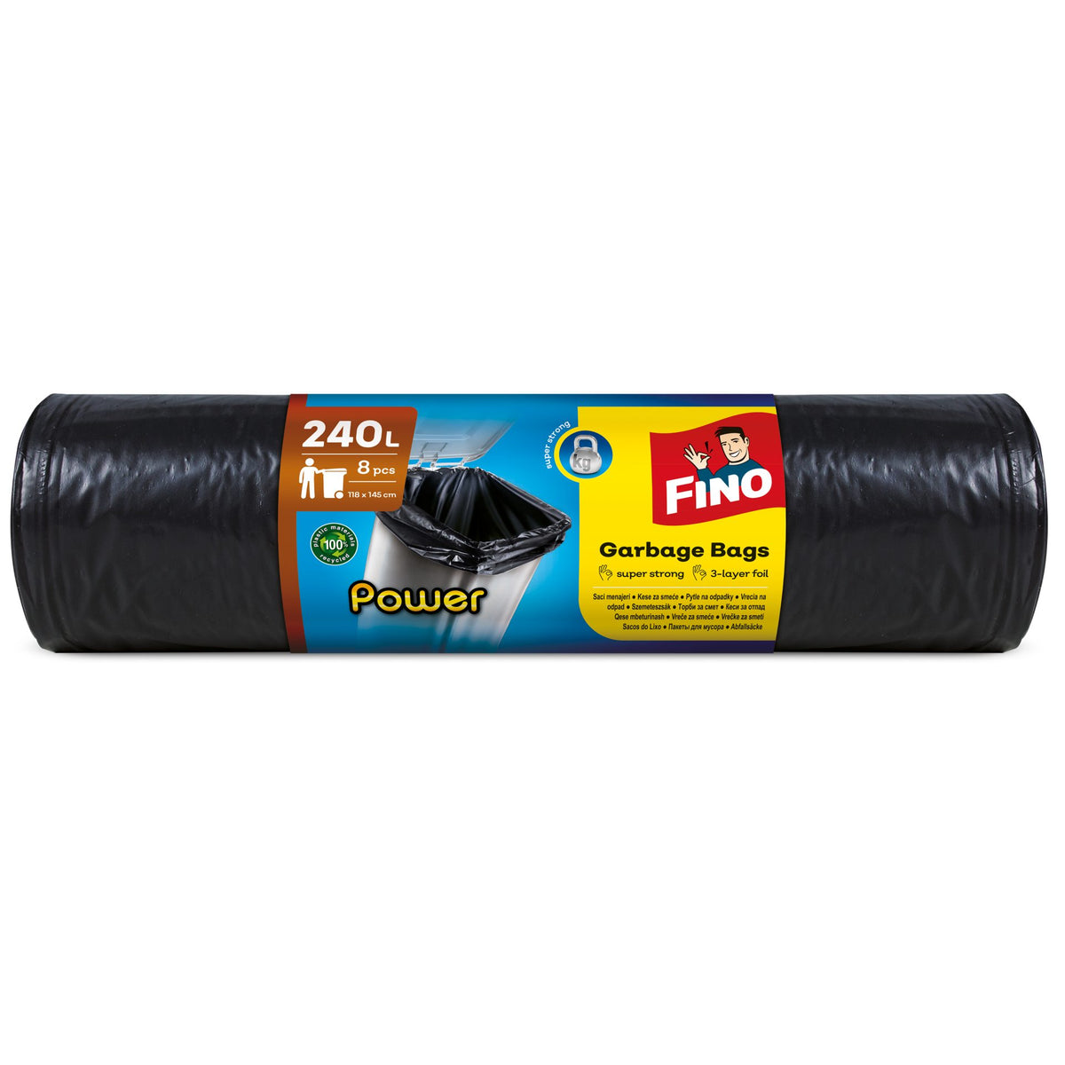 Saci Menajeri FINO Power, Rezistenta Sporita la Rupere, Material LDPE, 240 Litri, 8 Bucati/Rola