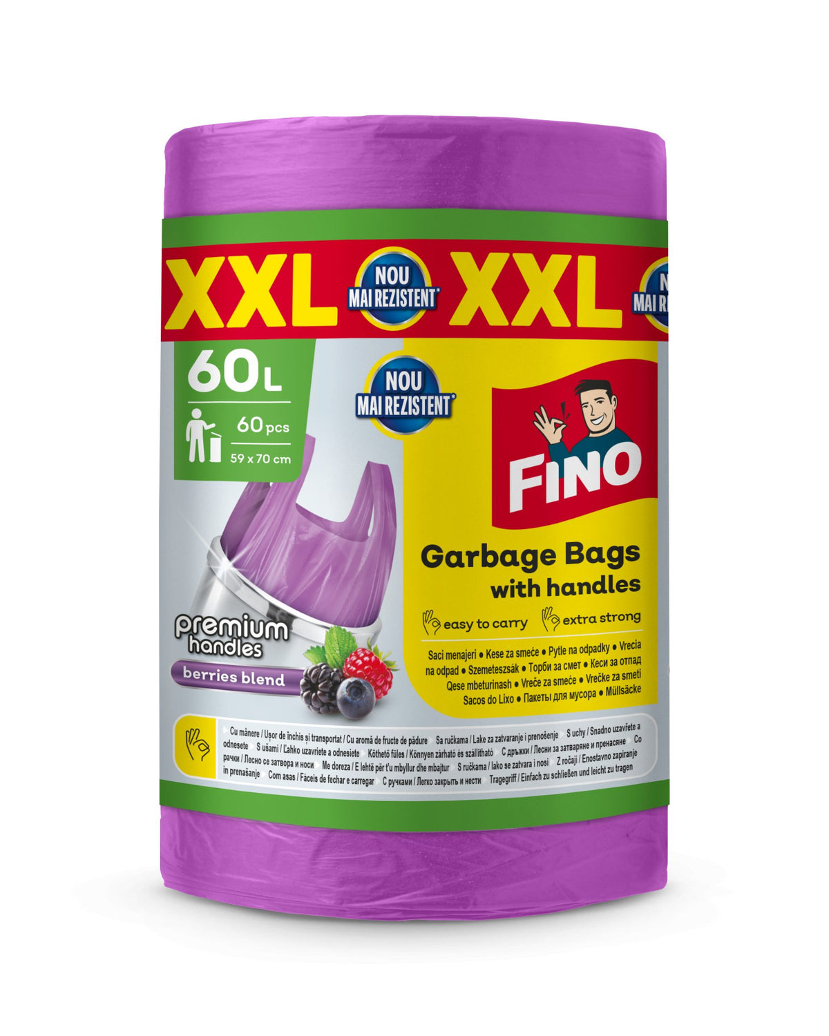 Fino Saci Menajeri Colorati cu Manere Integrate, Rezistenta Sporita HD, Material Polietilena Inalta Densitate, Capacitate 60 Litri, Set 60 Bucati