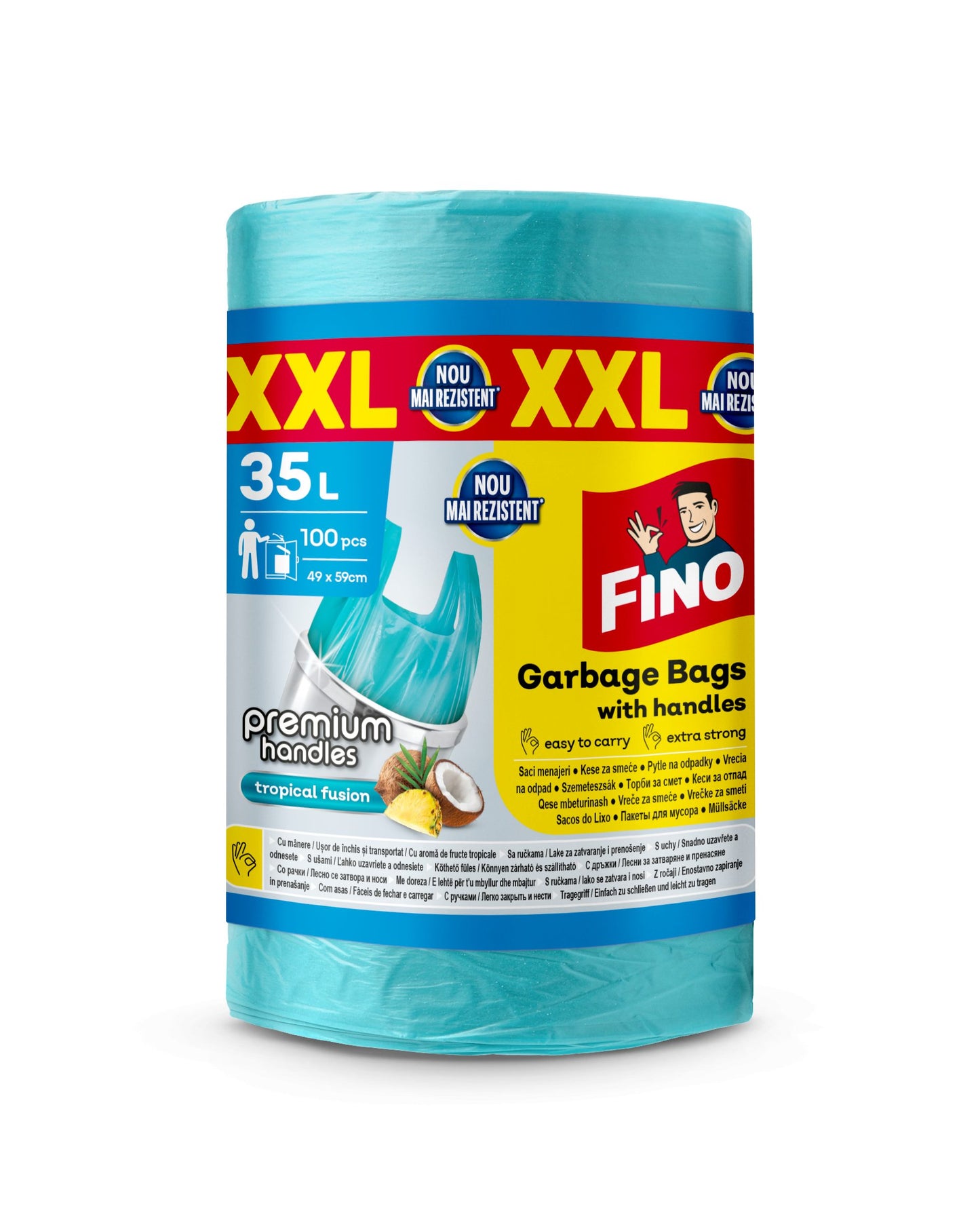 Fino Saci Menajeri Colorati cu Manere, Rezistenti din Polietilena HD, Capacitate 35 L, Set 100 Bucati