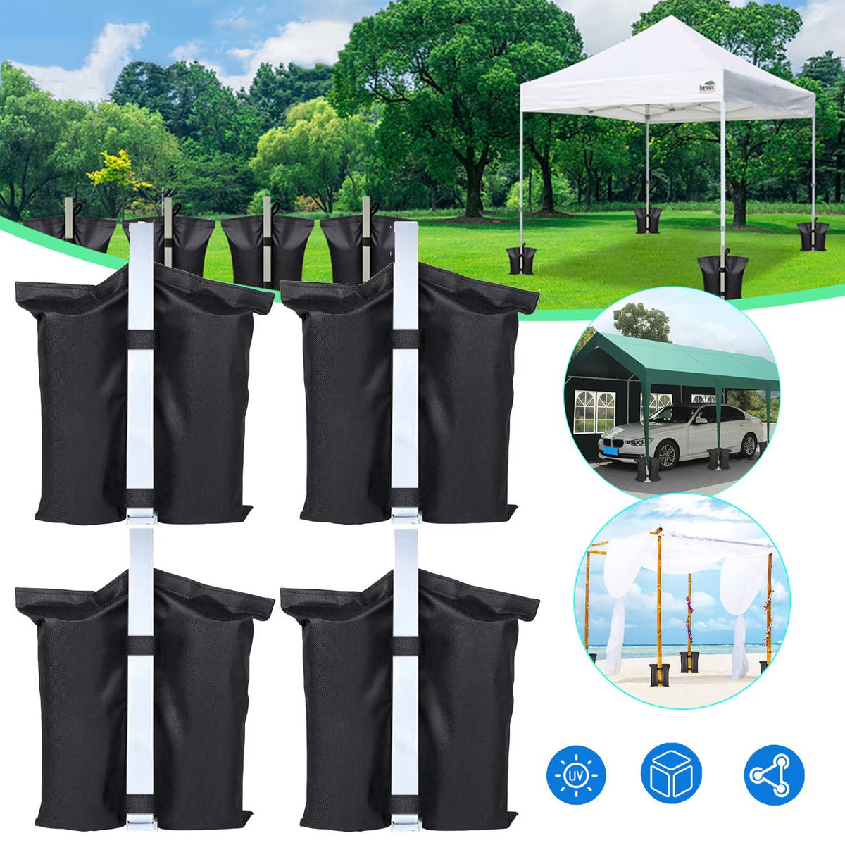 Saci de Ancorare Cort si Pavilion, Greutati Stabilizare cu 2 Buzunare, Poliester Oxford Rezistent, 48 x 35 cm, Set 4 Bucati, Negru