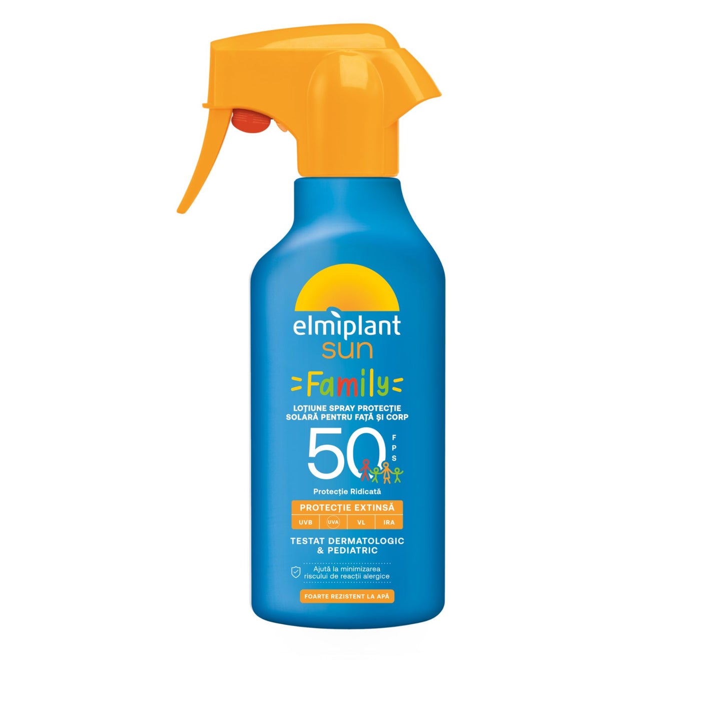 Elmiplant Sun Family, Lotiune Spray Protectie Solara SPF 50, Rezistenta la Apa, Fata si Corp, 270 ml