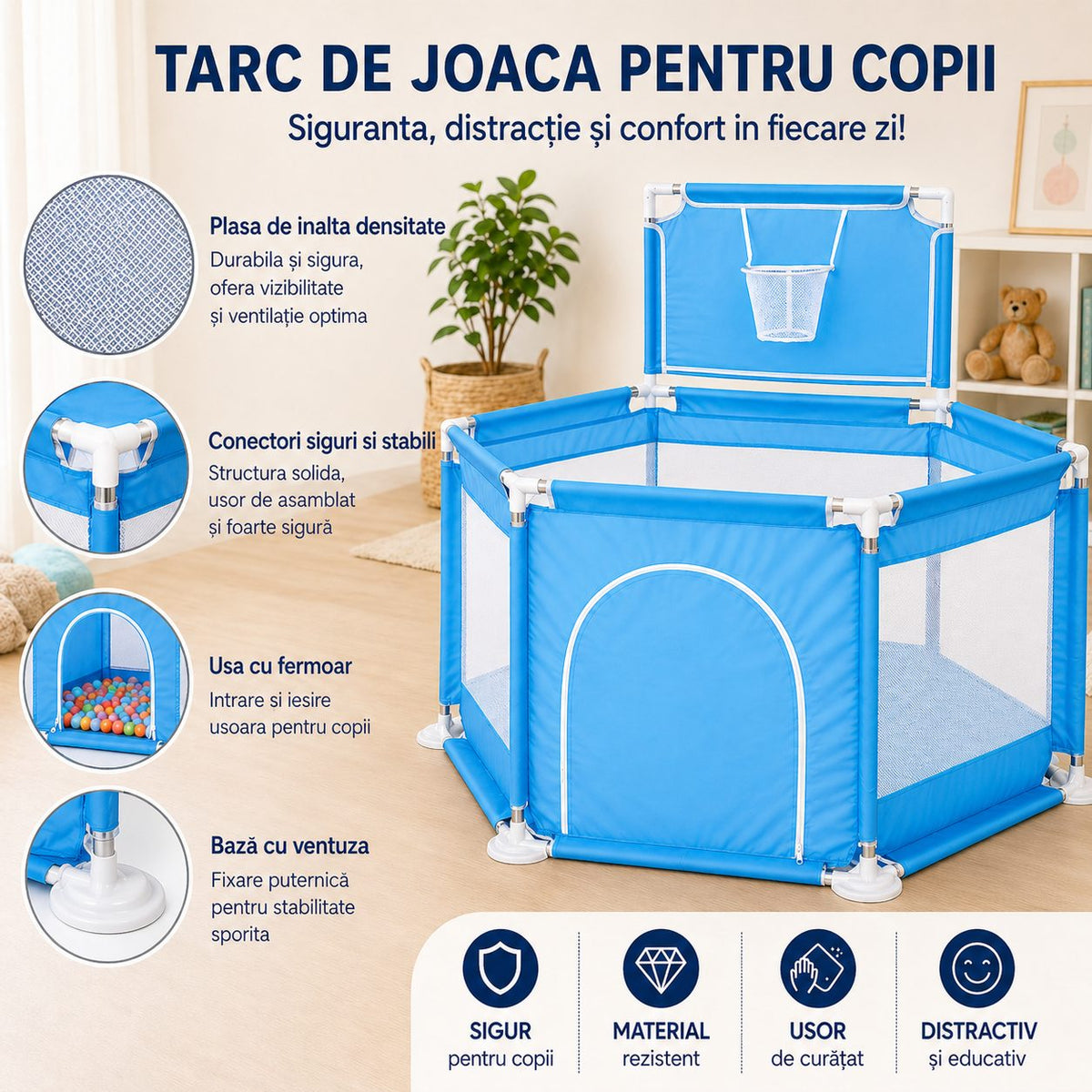Tarc De Joaca Pentru Copii, Cu Cos De Baschet, Usa Cu Fermoar Si Plasa Laterala, Textil, 130x115x65 cm, Albastru Deschis