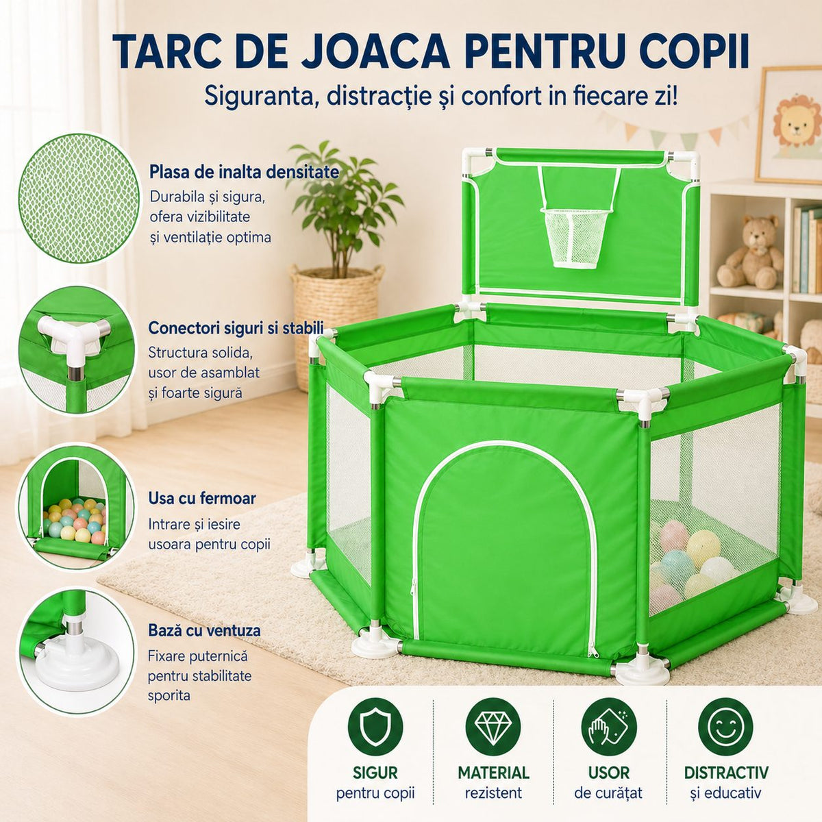 Tarc De Joaca DNT-105 Cu Cos De Baschet, Usa Cu Fermoar Si Plasa Laterala, Material Textil, 130x115x65 cm, Verde