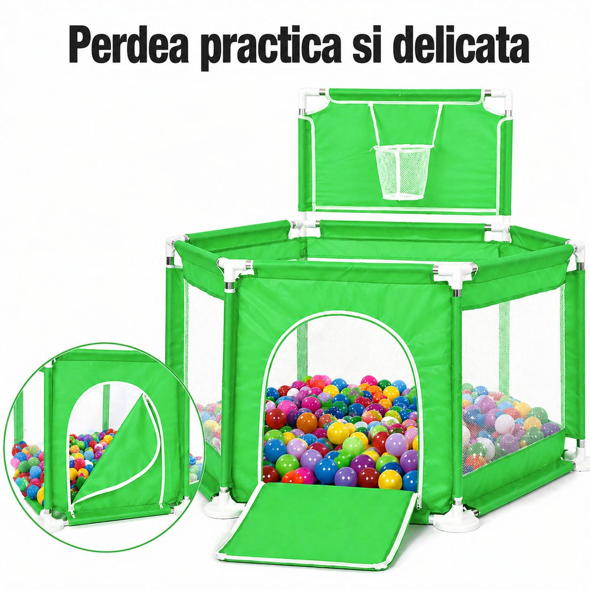 Tarc De Joaca DNT-105 Cu Cos De Baschet, Usa Cu Fermoar Si Plasa Laterala, Material Textil, 130x115x65 cm, Verde