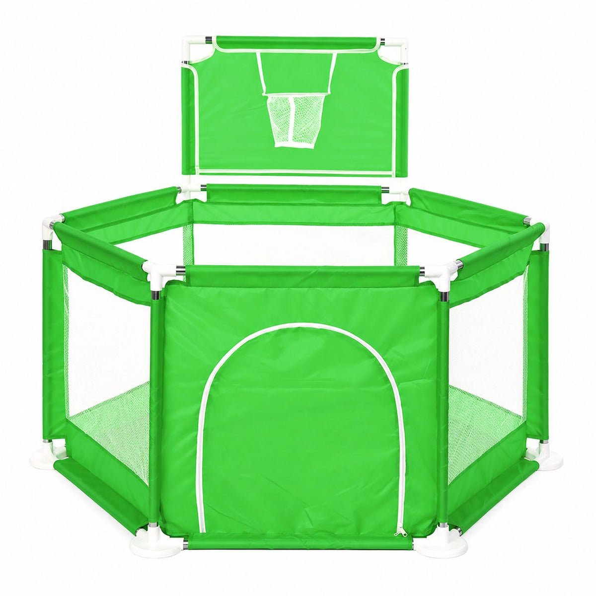 Tarc De Joaca DNT-105 Cu Cos De Baschet, Usa Cu Fermoar Si Plasa Laterala, Material Textil, 130x115x65 cm, Verde