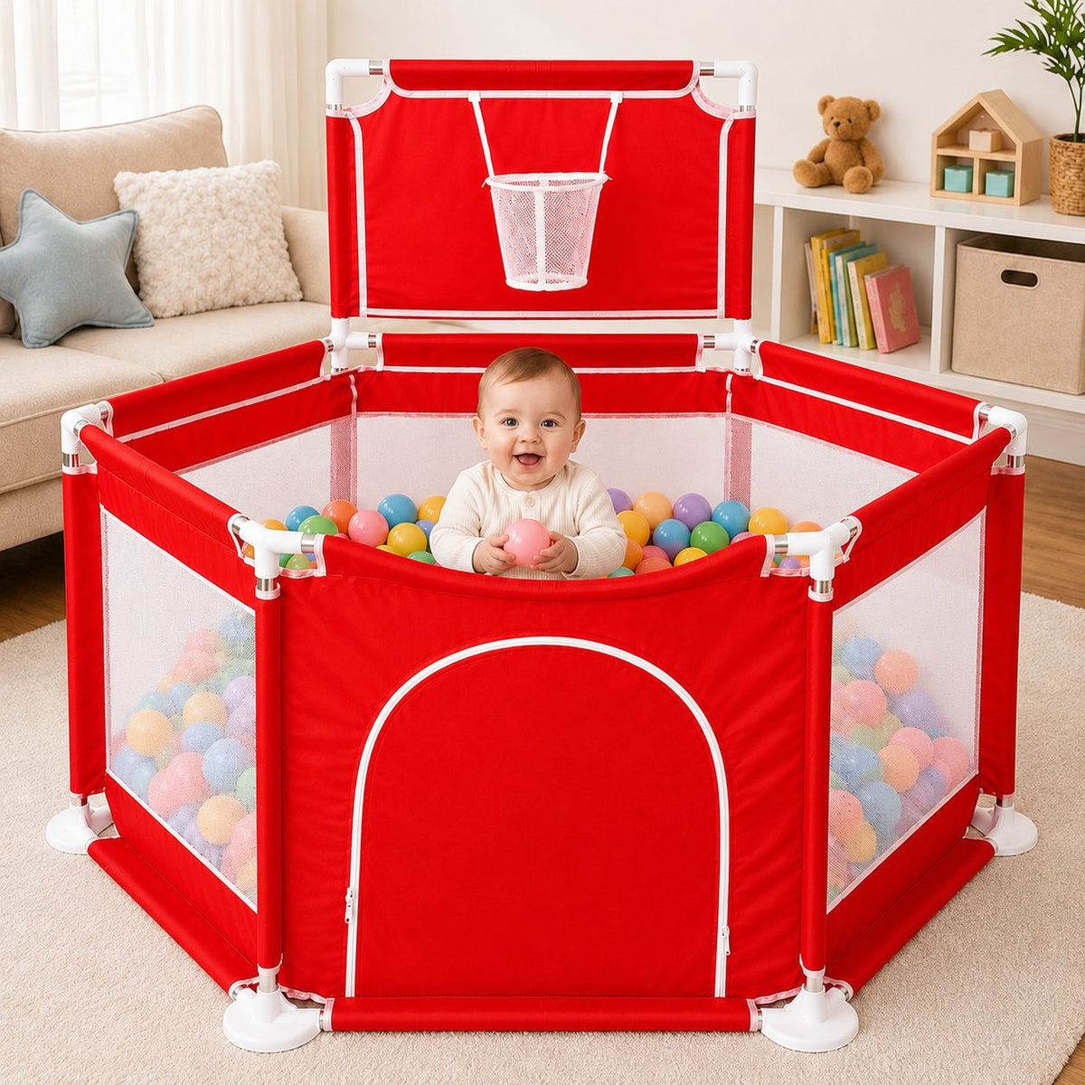 Tarc De Joaca Pentru Copii, Cu Cos De Baschet Si Usa Cu Fermoar, Structura Stabila, Plasa, 130x115x65 cm, Rosu