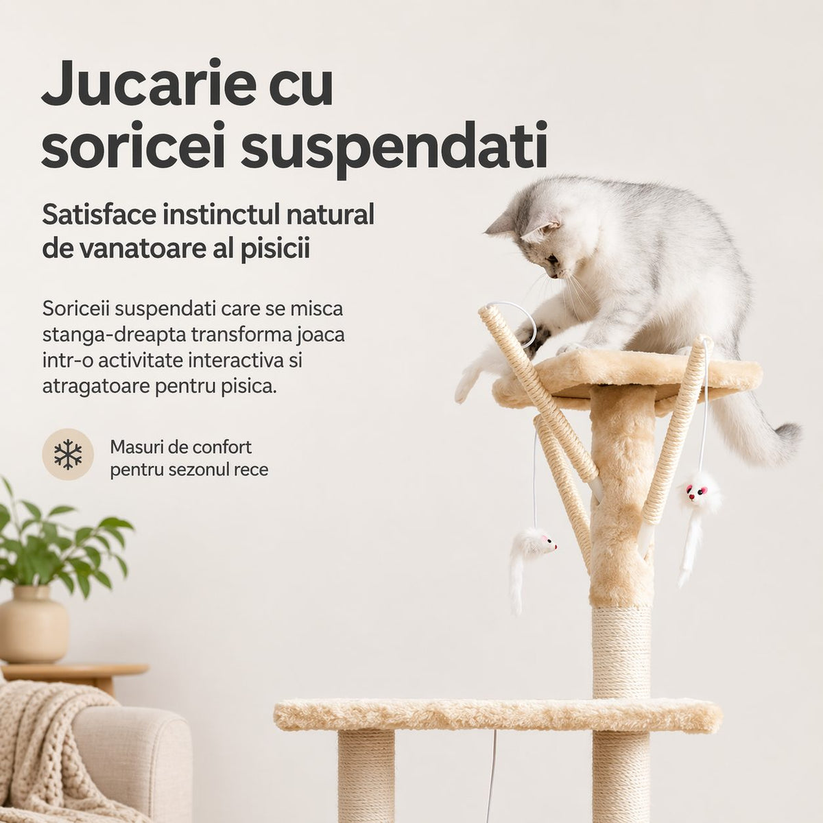 Ansamblu de Joaca pentru Pisici, Centru de Activitati Multifunctional cu Platforme, Cusca, Hamac si Scara, Structura din Lemn, 49x35x135 cm, Crem