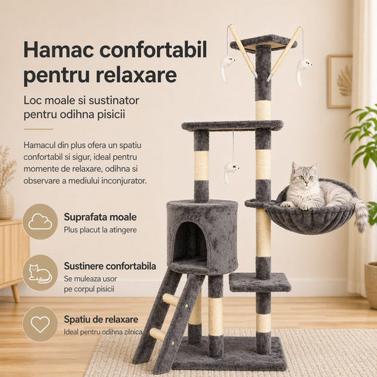 Ansamblu de Joaca pentru Pisici, Centru Multifunctional cu Platforme, Cusca, Hamac si Scara, Lemn si Plus, 49x35x135 cm, Gri Metalic