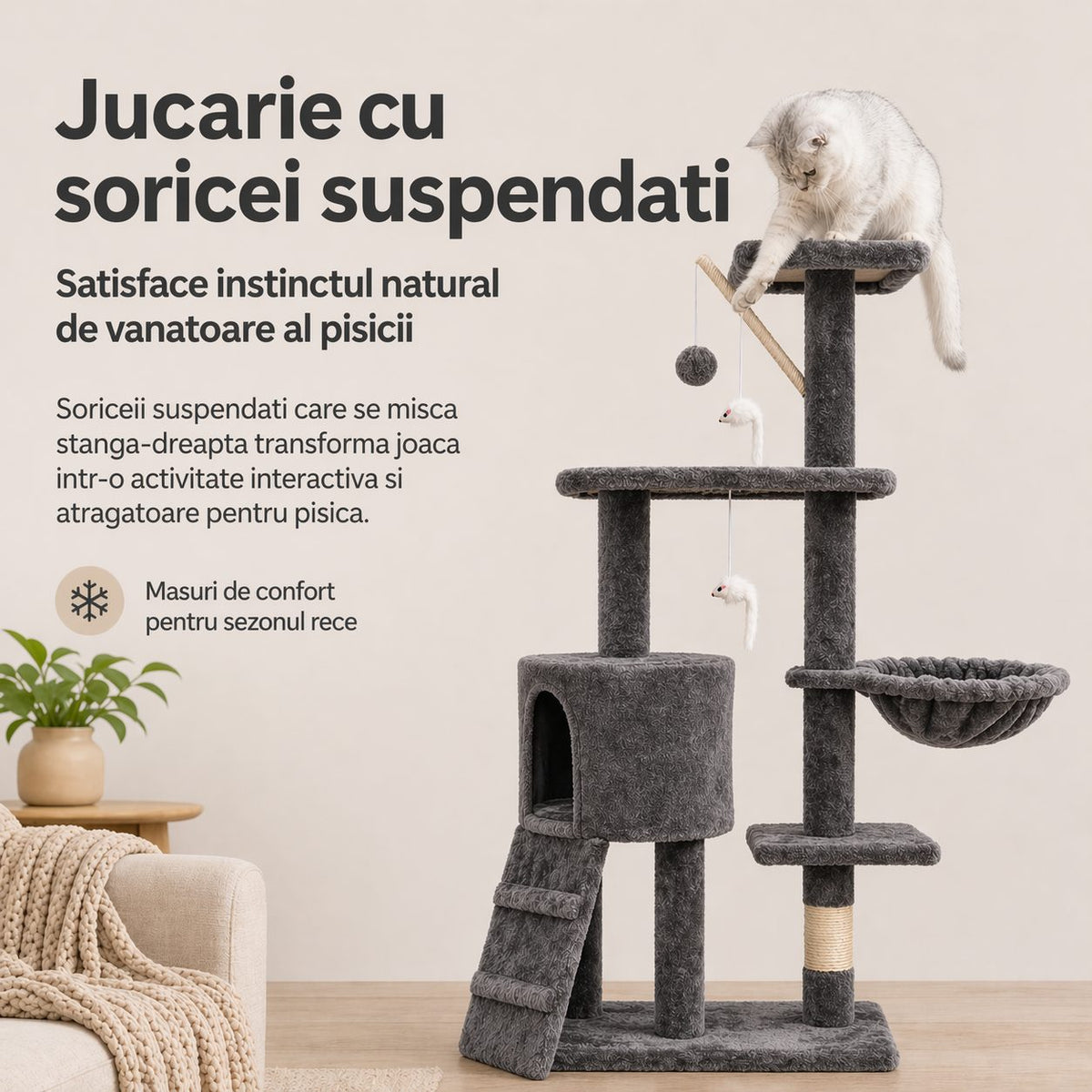 Ansamblu de Joaca pentru Pisici, Centru Multifunctional cu Platforme, Cusca, Hamac si Scara, Lemn si Plus, 49x35x135 cm, Gri Metalic