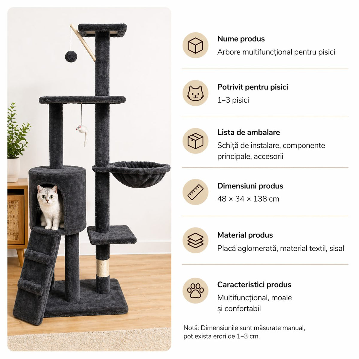 Ansamblu de Joaca pentru Pisici, Centru Multifunctional cu 5 Niveluri, Platforme, Cusca, Hamac si Scara, Lemn, 49x35x135 cm, Negru