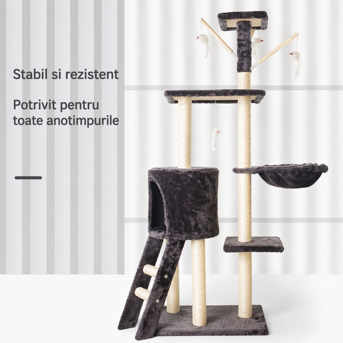 Ansamblu de Joaca pentru Pisici, Centru Multifunctional cu 5 Niveluri, Platforme, Cusca, Hamac si Scara, Lemn, 49x35x135 cm, Negru
