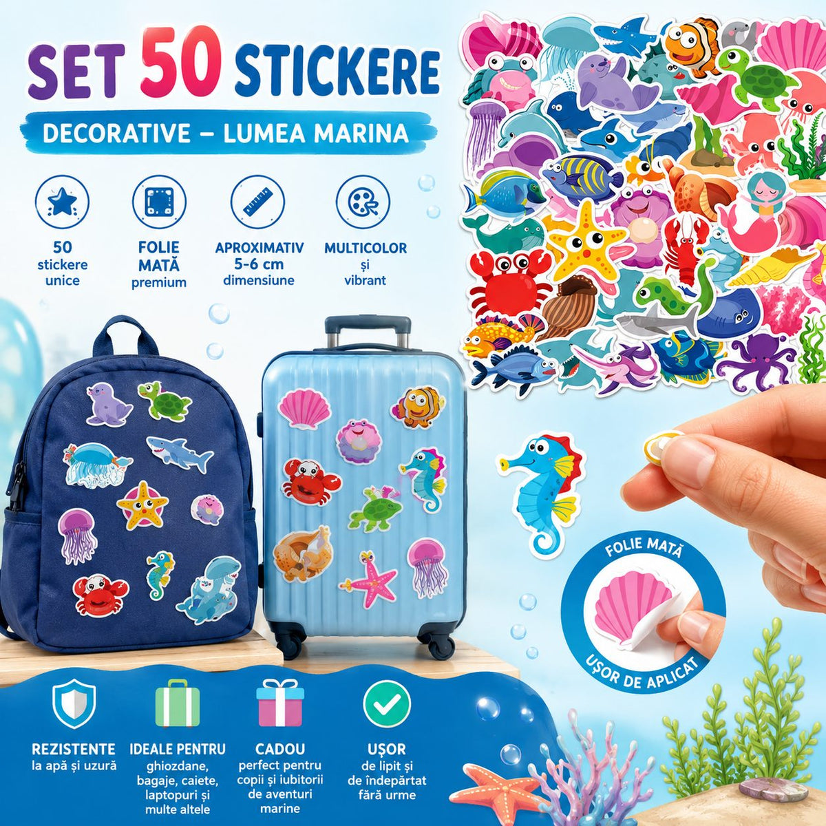 Stickere Decorative Lumea Marina, Animale Acvatice Kawaii, Folie Mata, Multicolor, Set 50 Bucati, 5-6 cm