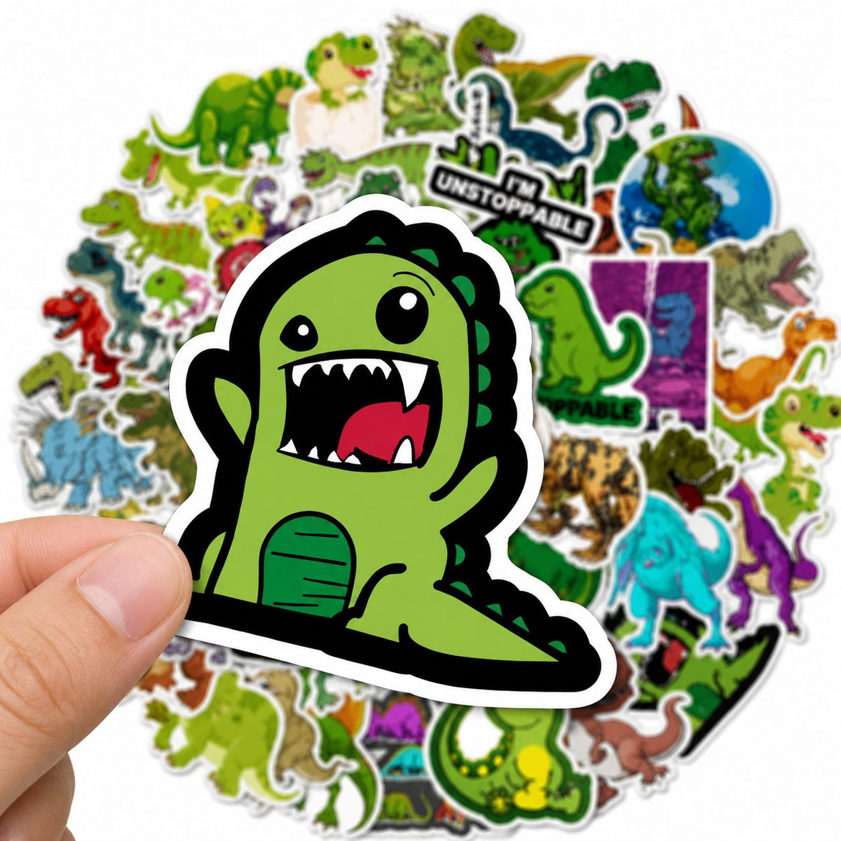Stickere Decorative Dinozauri Cartoon, Impermeabile, PVC Autoadeziv, Rotunde, 50 Bucati, Multicolor, 5 x 6 cm