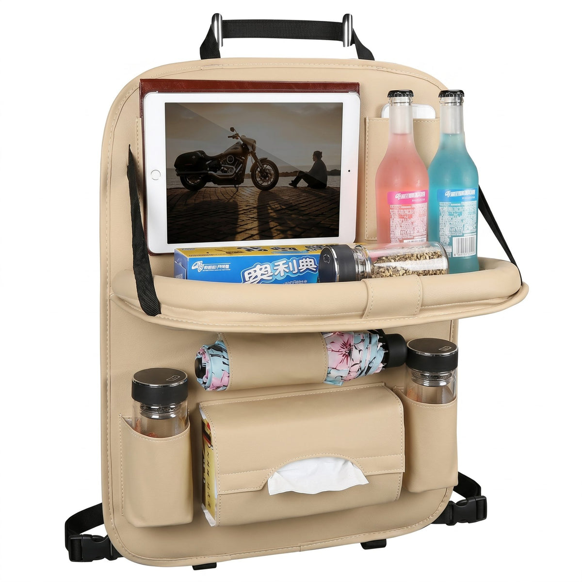 Organizator Spate Scaun Auto cu Masa Pliabila, Suport Tableta si 6 Compartimente, Piele Ecologica Impermeabila, Protectie Tapiterie, 40 x 63 cm, Bej