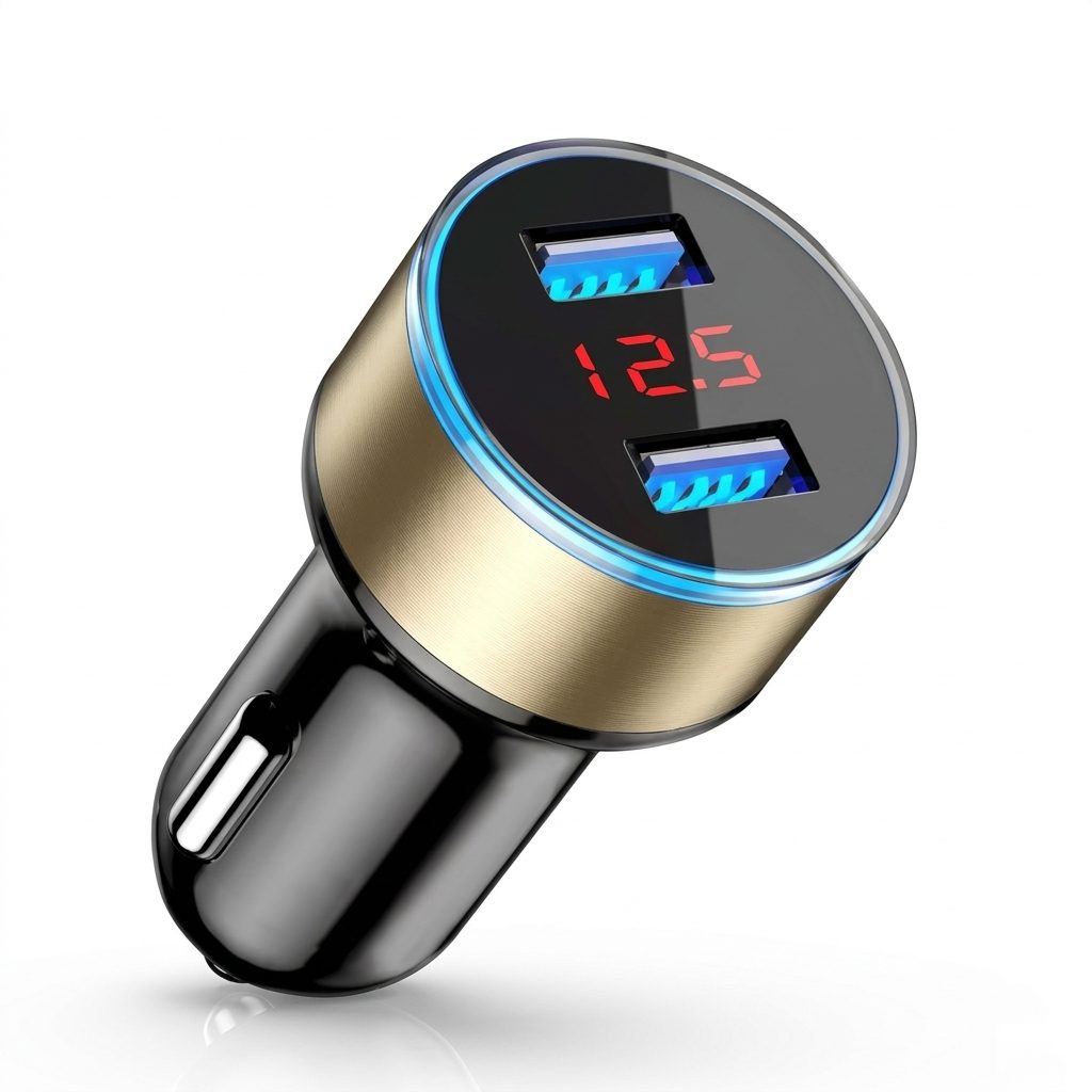 Incarcator Auto Rapid 6A, Tehnologie PD si QC3.0, Afisaj Digital Tensiune, Carcasa din Metal, 2 Porturi USB, Negru/Auriu