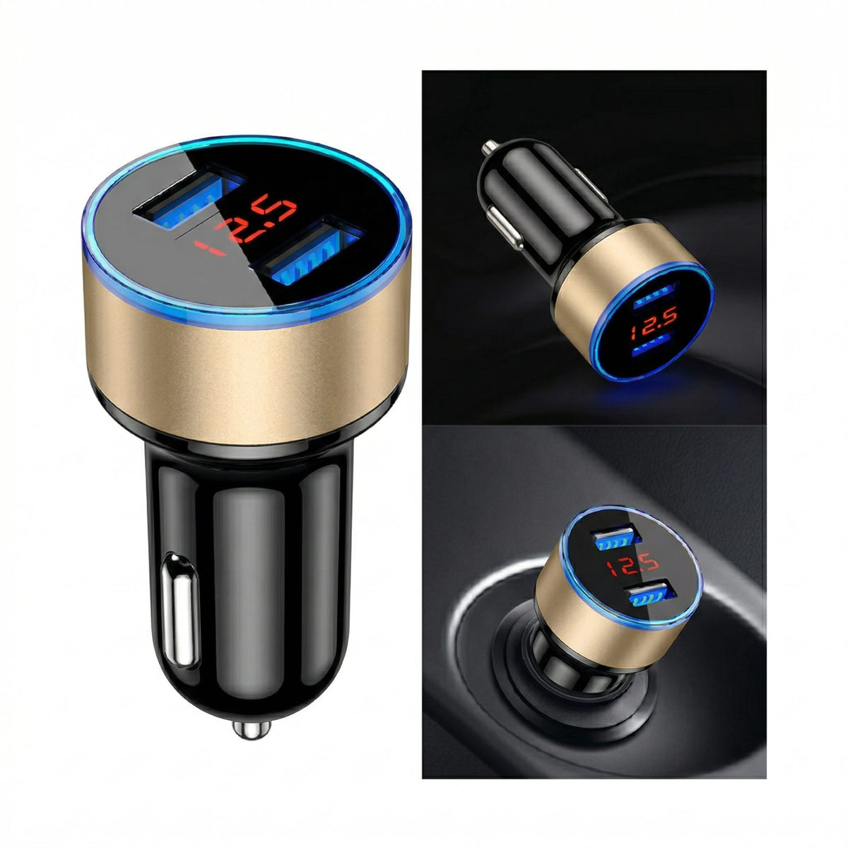 Incarcator Auto Rapid 6A, Tehnologie PD si QC3.0, Afisaj Digital Tensiune, Carcasa din Metal, 2 Porturi USB, Negru/Auriu