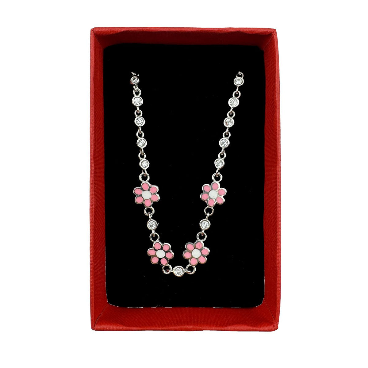 Bratara Jolie pentru Copii din Argint 925, Model Floare cu Email si Zirconiu, Bijuterie Hipoalergenica, 22 cm, 4.4 g, Argintiu/Roz