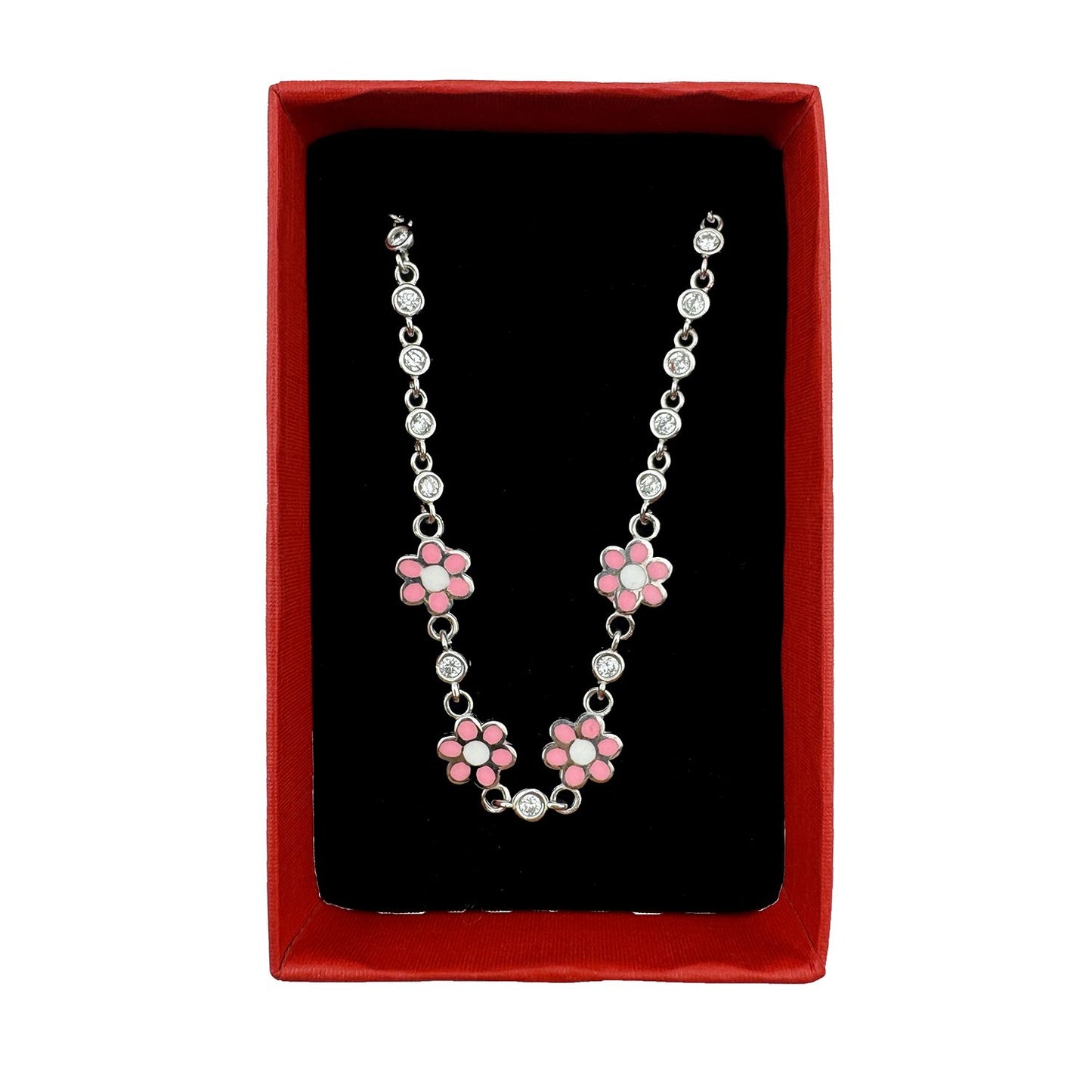 Bratara Jolie pentru Copii din Argint 925, Model Floare cu Email si Zirconiu, Bijuterie Hipoalergenica, 22 cm, 4.4 g, Argintiu/Roz