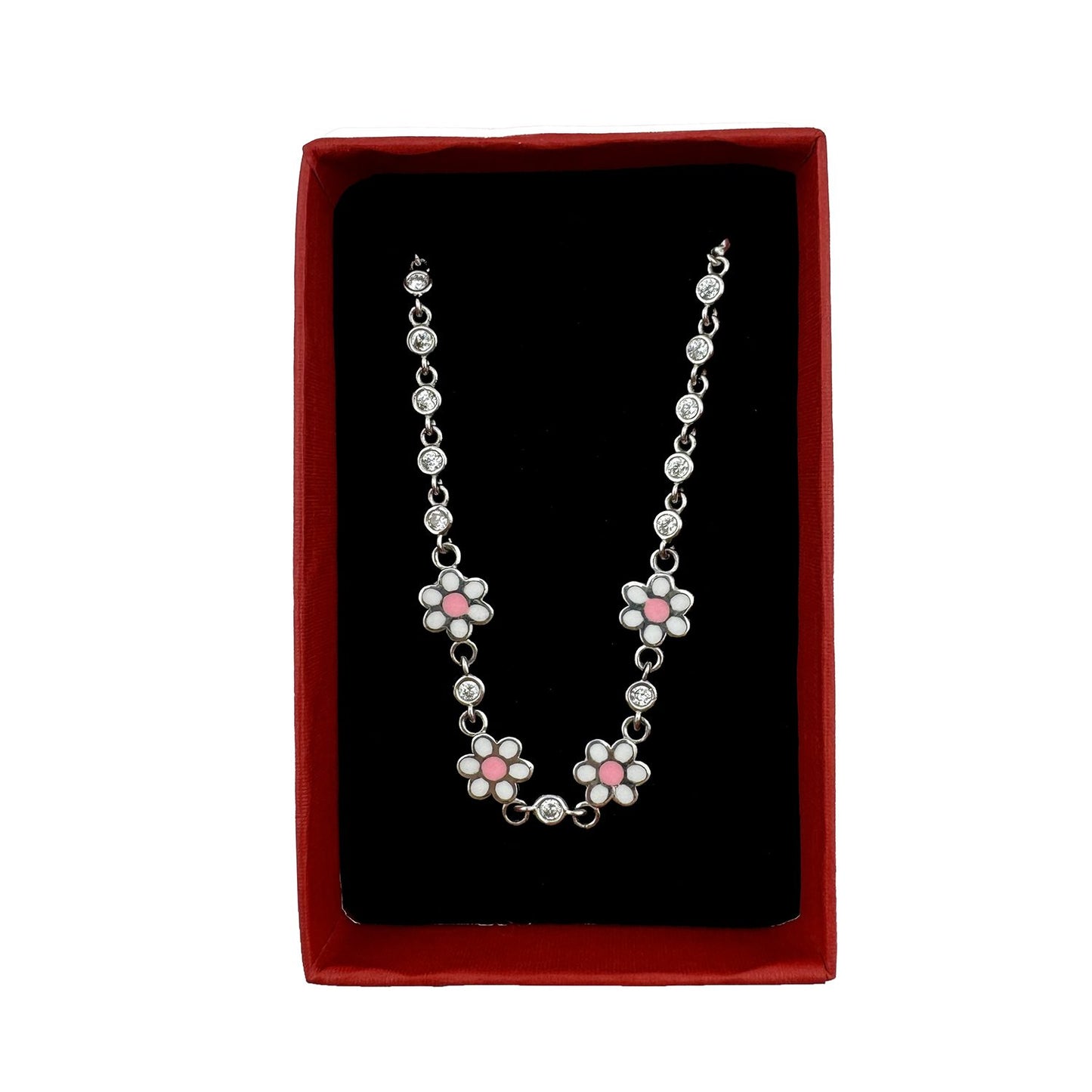 Brățară Copii Jolie, Model Floare cu Email și Zirconiu, Argint 925, Reglabilă 22 cm, 4.4 g, Argintiu și Alb-Roz