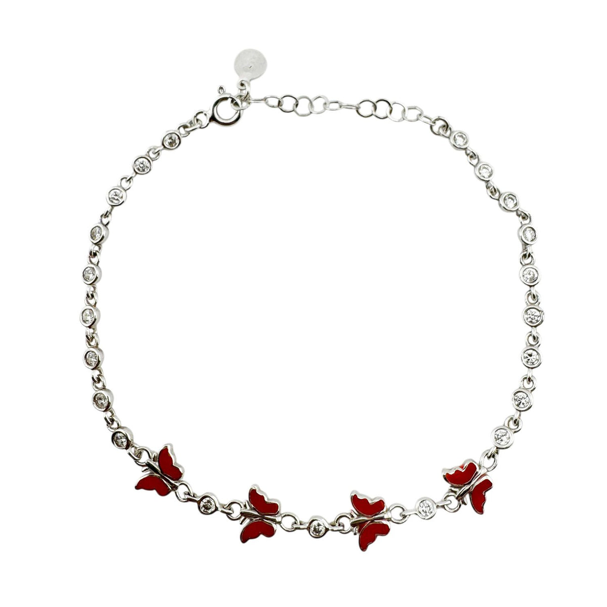 Jolie, Bratara pentru Copii, Model Fluture cu Email si Zirconiu, Argint 925, Lungime 22 cm, Greutate 4.4 g, Argintiu cu Rosu Inchis