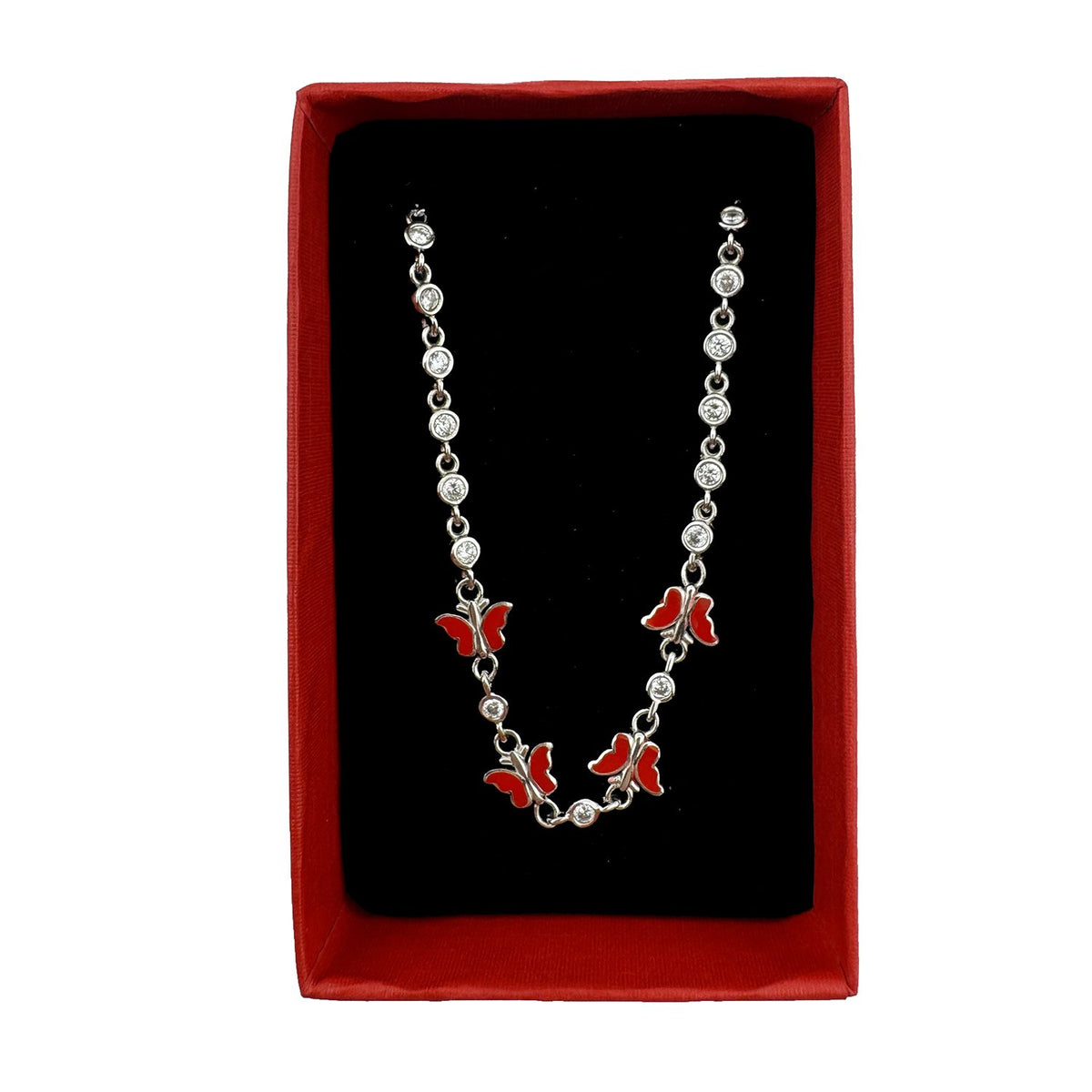 Jolie, Bratara pentru Copii, Model Fluture cu Email si Zirconiu, Argint 925, Lungime 22 cm, Greutate 4.4 g, Argintiu cu Rosu Inchis