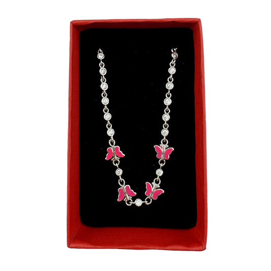 Brățară Copii Jolie, Model Fluture cu Email și Zirconiu, Argint 925 Hipoalergenic, 22 cm, 4.4 g, Argintiu și Roșu Aprins