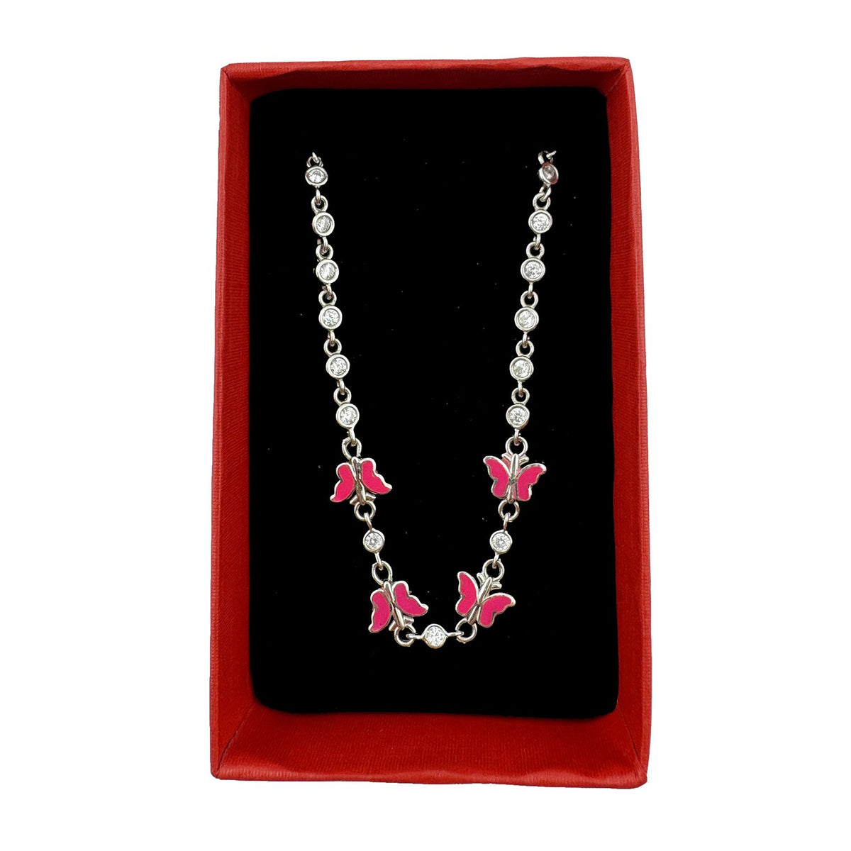 Brățară Copii Jolie, Model Fluture cu Email și Zirconiu, Argint 925 Hipoalergenic, 22 cm, 4.4 g, Argintiu și Roșu Aprins