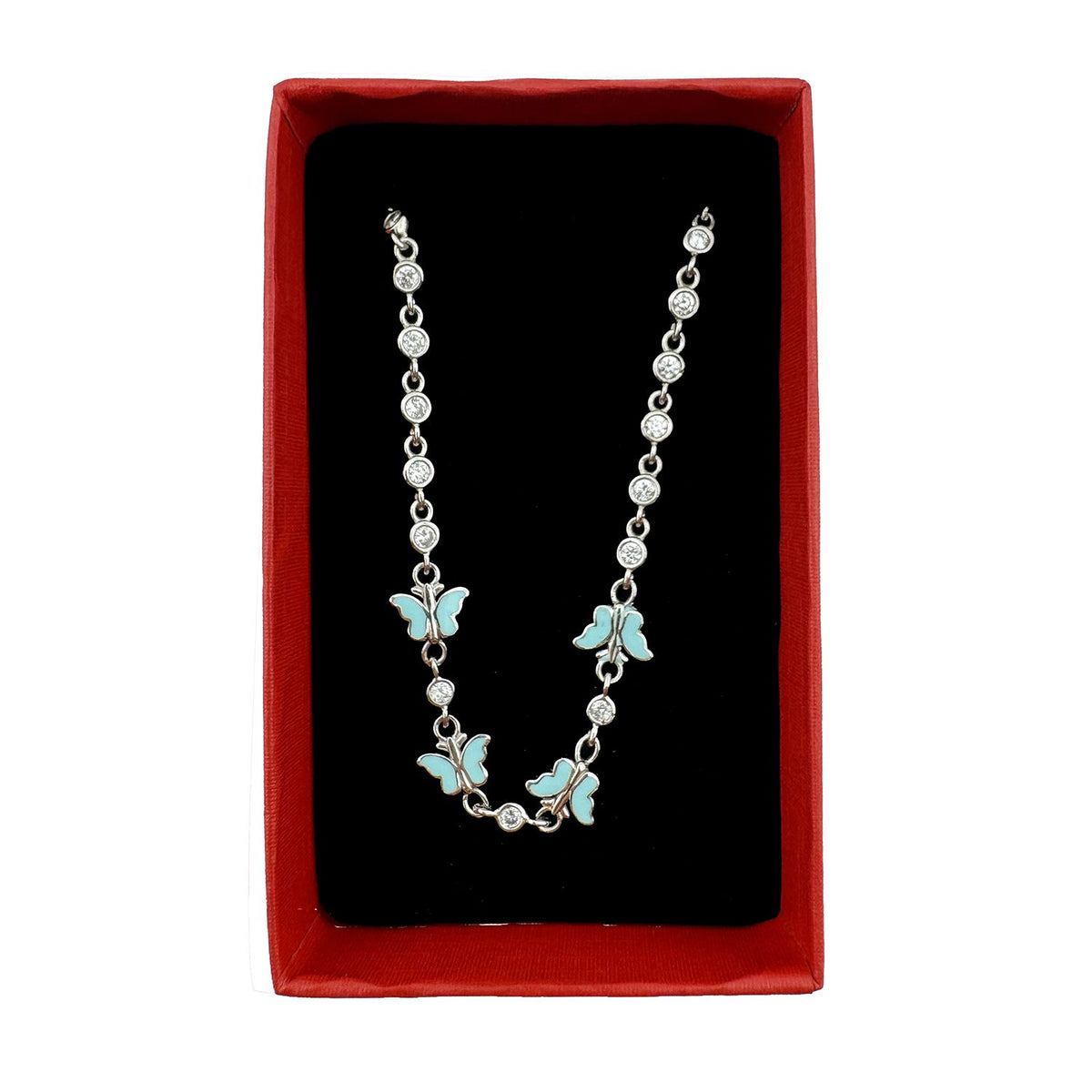 Jolie Bratara pentru Copii si Fete, Model Fluture cu Email si Zirconiu, Argint 925, Lungime 22 cm, 4.4 g, Argintiu/Turcoaz