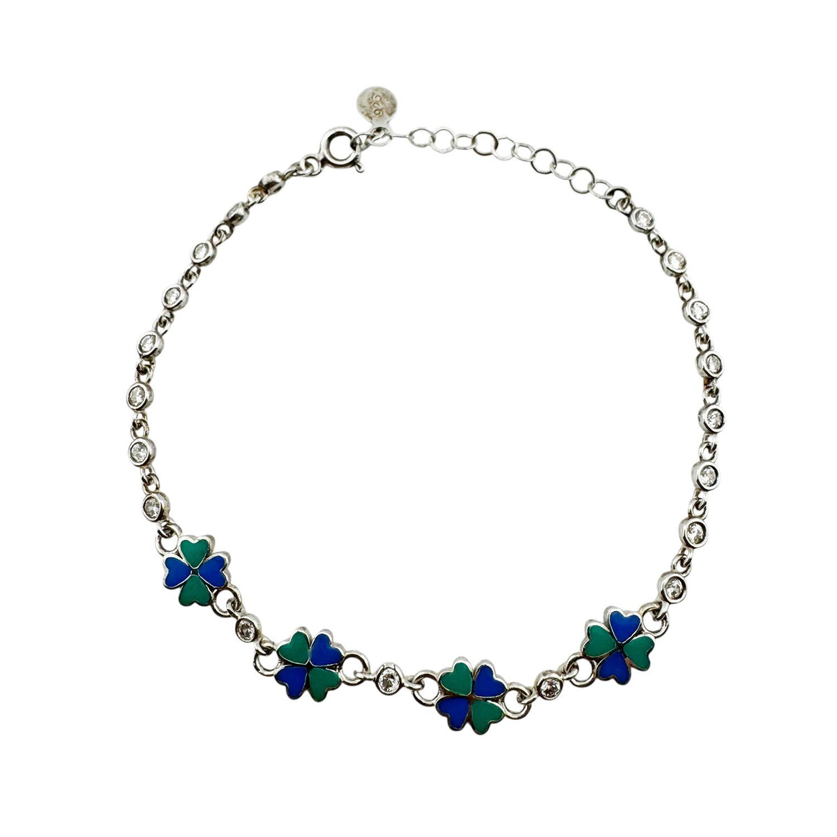 Jolie Brățară pentru Copii și Nou-născuți, Model Trifoi cu Email și Zirconiu, Argint 925, 22 cm, 4.4 g, Argintiu/Verde/Albastru
