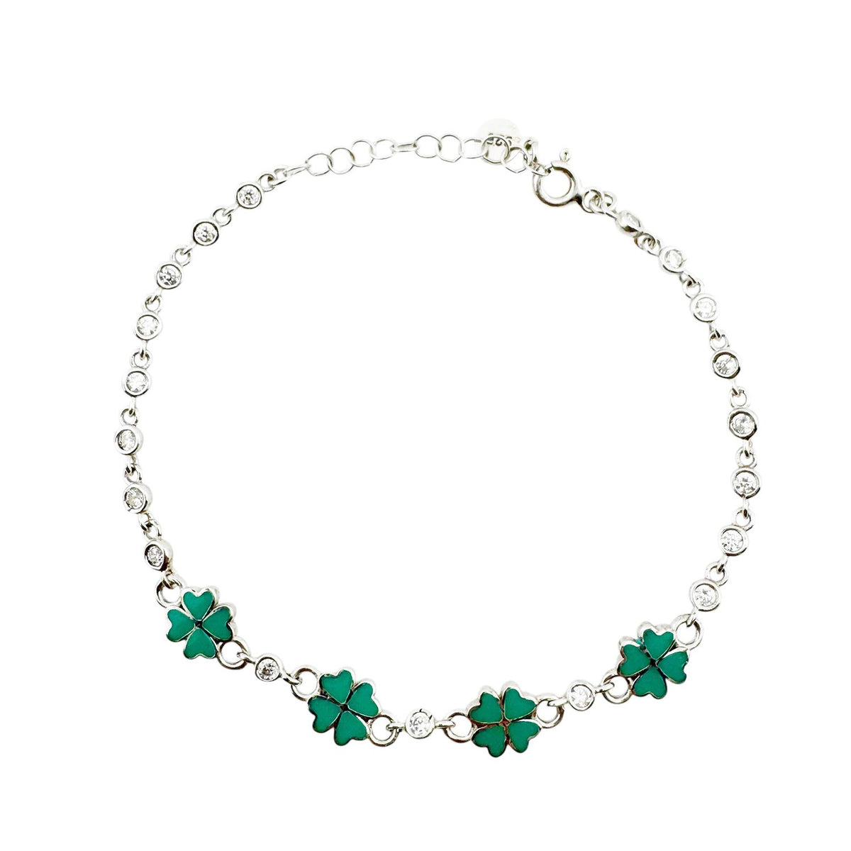 Brățară Jolie pentru Copii și Nou-născuți, Model Trifoi cu Email și Zirconiu, Argint 925 Hipoalergenic, 22 cm, 4.4 g, Argintiu/Verde