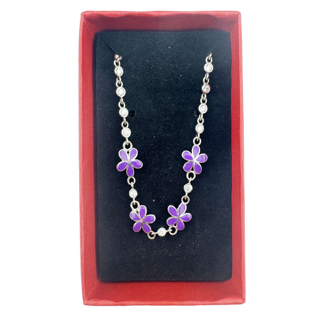 Brățară Copii Jolie, Argint 925, Model Floare Mov cu Email și Zirconiu, Bijuterie Hipoalergenică pentru Fete, Lungime 22 cm, 1.8 g, Argintiu/Mov