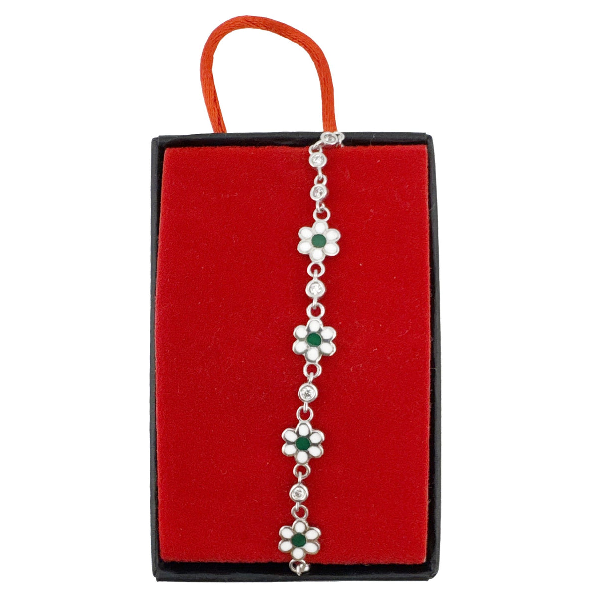 Brățară Jolie pentru Copii, Argint 925, Model Floare cu Email Verde și Zirconiu, Reglabilă, 22 cm, 1.8 g, Argintiu