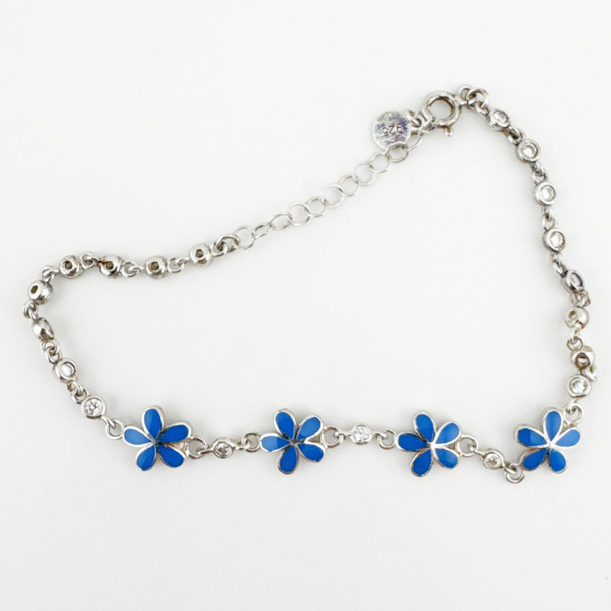 Jolie, Bratara Argint 925 pentru Copii si Nou-Nascuti, Model Floare cu Email si Zirconiu, Hipoalergenica, 22 cm, 4.4 g, Argintiu/Albastru