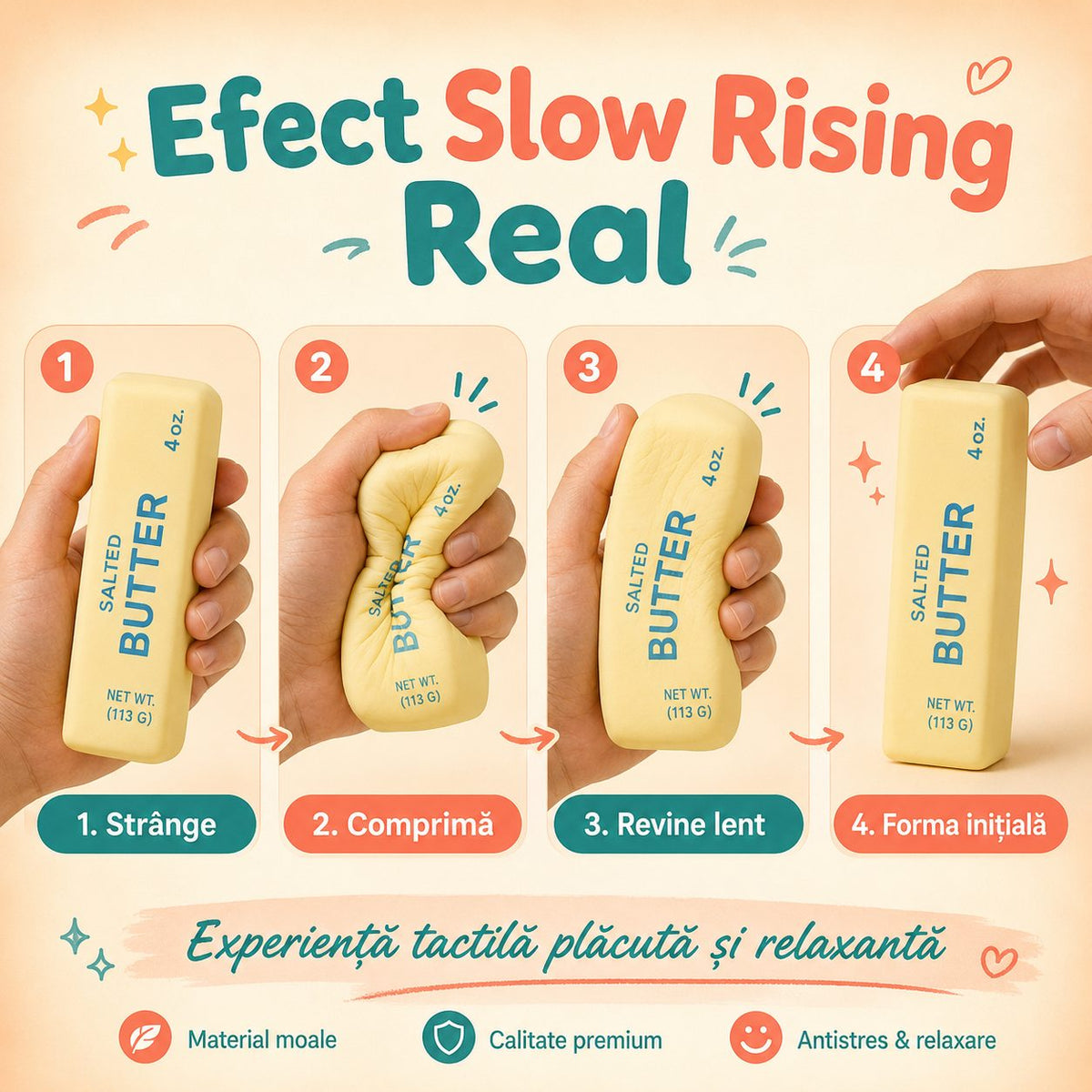 Needoh Jucărie Squishy Antistres, Formă De Unt Slow Rising, Silicon Moale, 14 cm, Multicolor