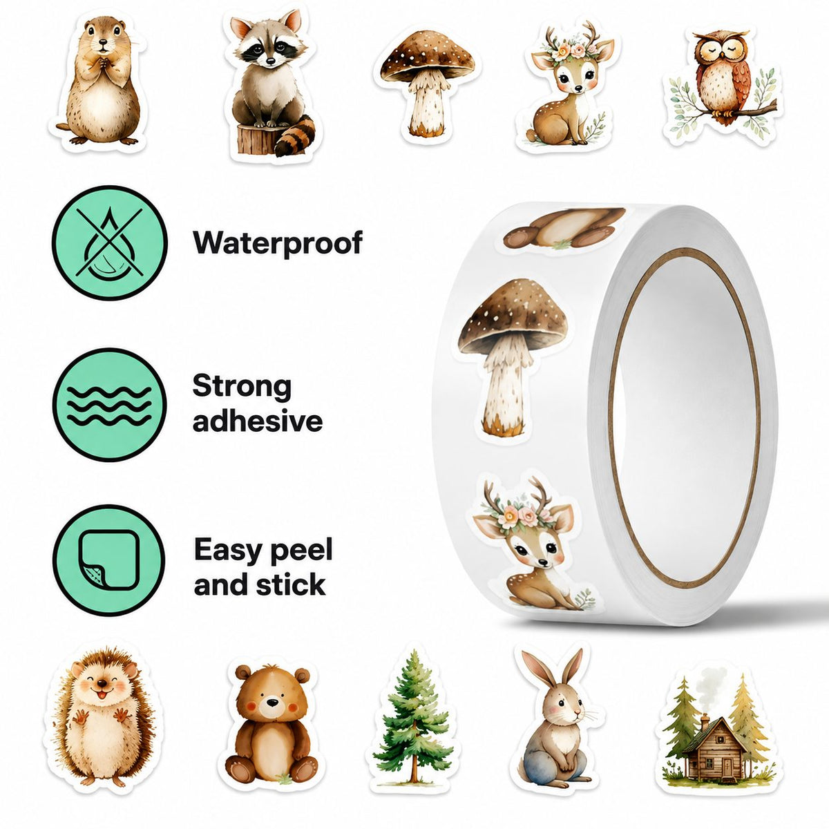Rola Stickere Decorative, Animale De Padure Stil Acuarela, Hartie Autoadeziva, 500 Bucati, 10 Modele, Multicolor, Latime 3 cm