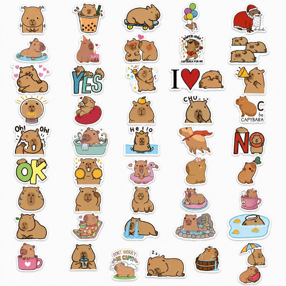 Stickere Decorative Capybara Kawaii, Impermeabile, Vinil, 50 Bucati, Multicolor, 5.27 x 5.42 cm