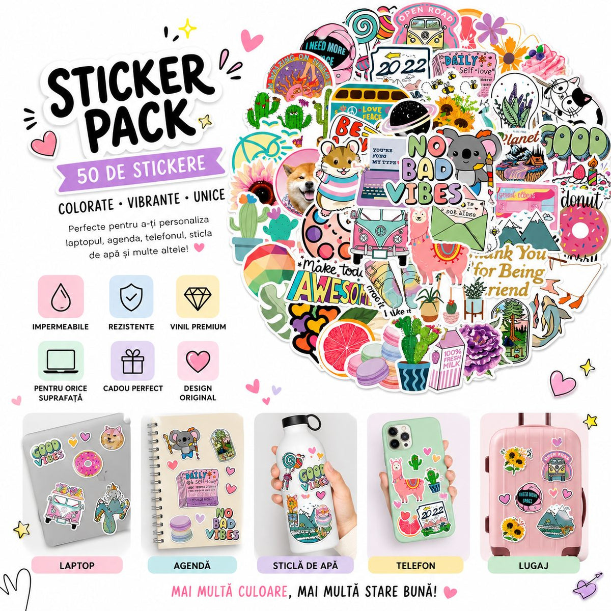 Set Stickere Decorative, Design Kawaii Si Mesaje Motivationale, PVC Autoadeziv, 50 Bucati, Multicolor