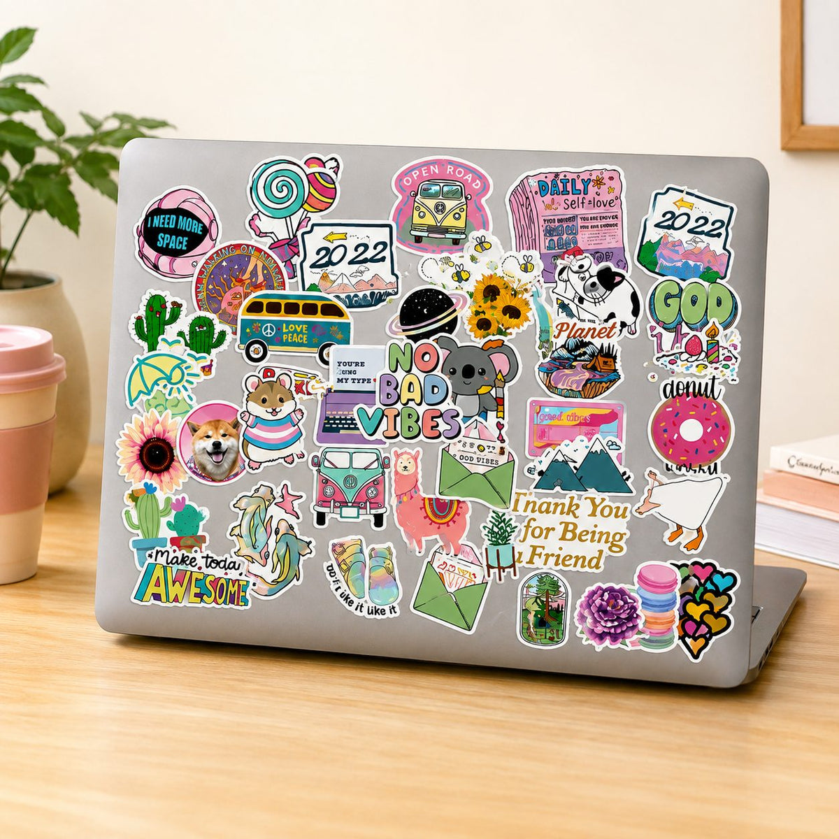 Set Stickere Decorative, Design Kawaii Si Mesaje Motivationale, PVC Autoadeziv, 50 Bucati, Multicolor
