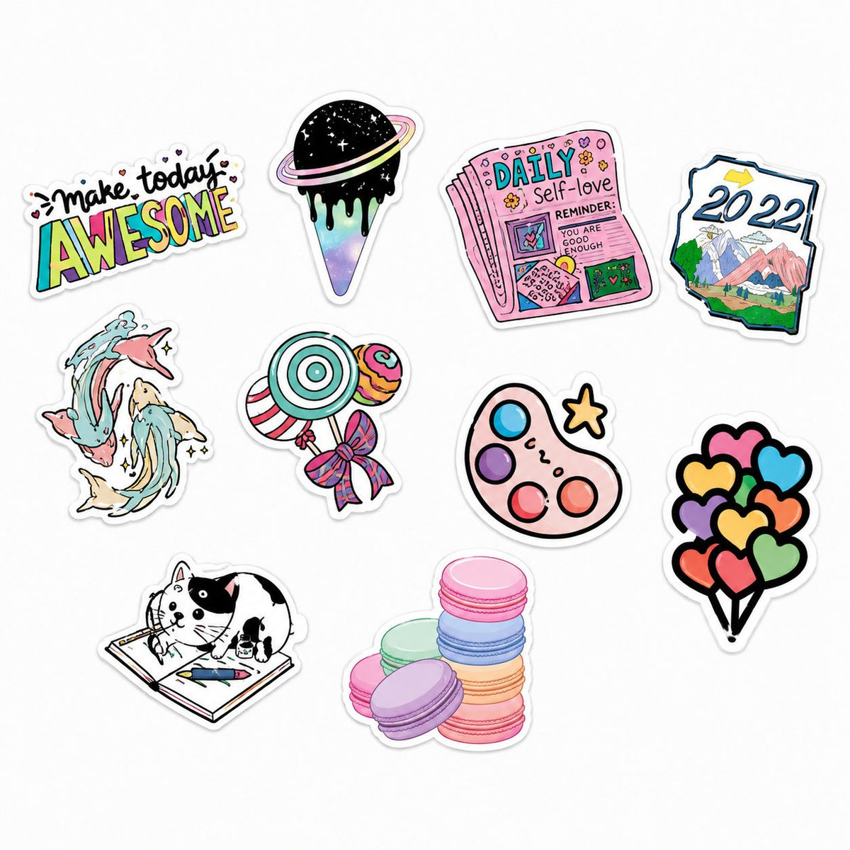 Set Stickere Decorative, Design Kawaii Si Mesaje Motivationale, PVC Autoadeziv, 50 Bucati, Multicolor