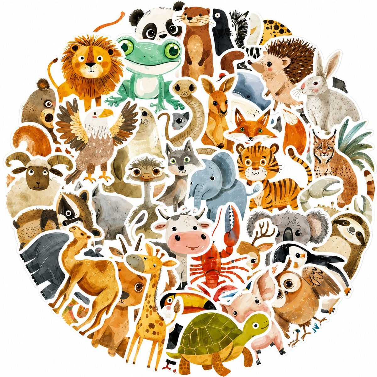 Set Stickere Decorative Animale, Stil Acuarela Impermeabile, Hartie Autoadeziva, 50 Bucati, Multicolor