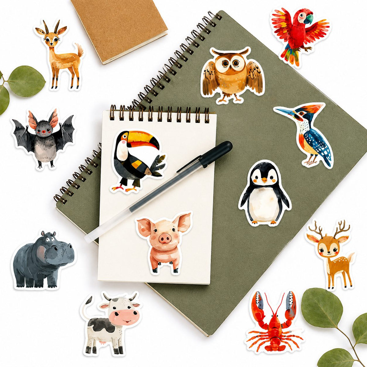 Set Stickere Decorative Animale, Stil Acuarela Impermeabile, Hartie Autoadeziva, 50 Bucati, Multicolor
