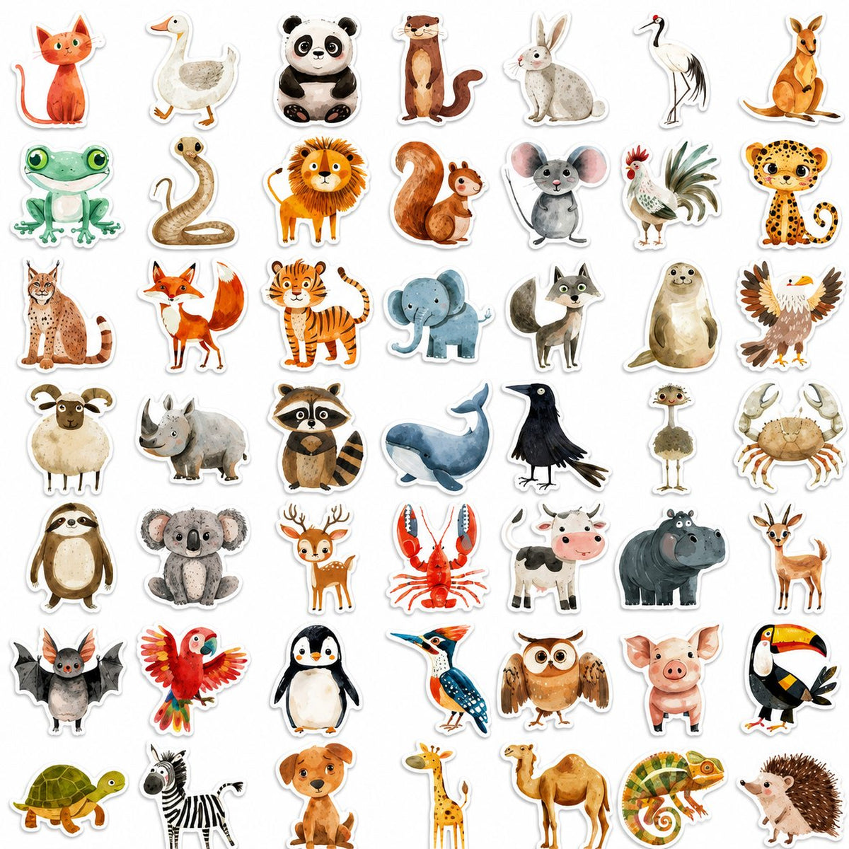 Set Stickere Decorative Animale, Stil Acuarela Impermeabile, Hartie Autoadeziva, 50 Bucati, Multicolor