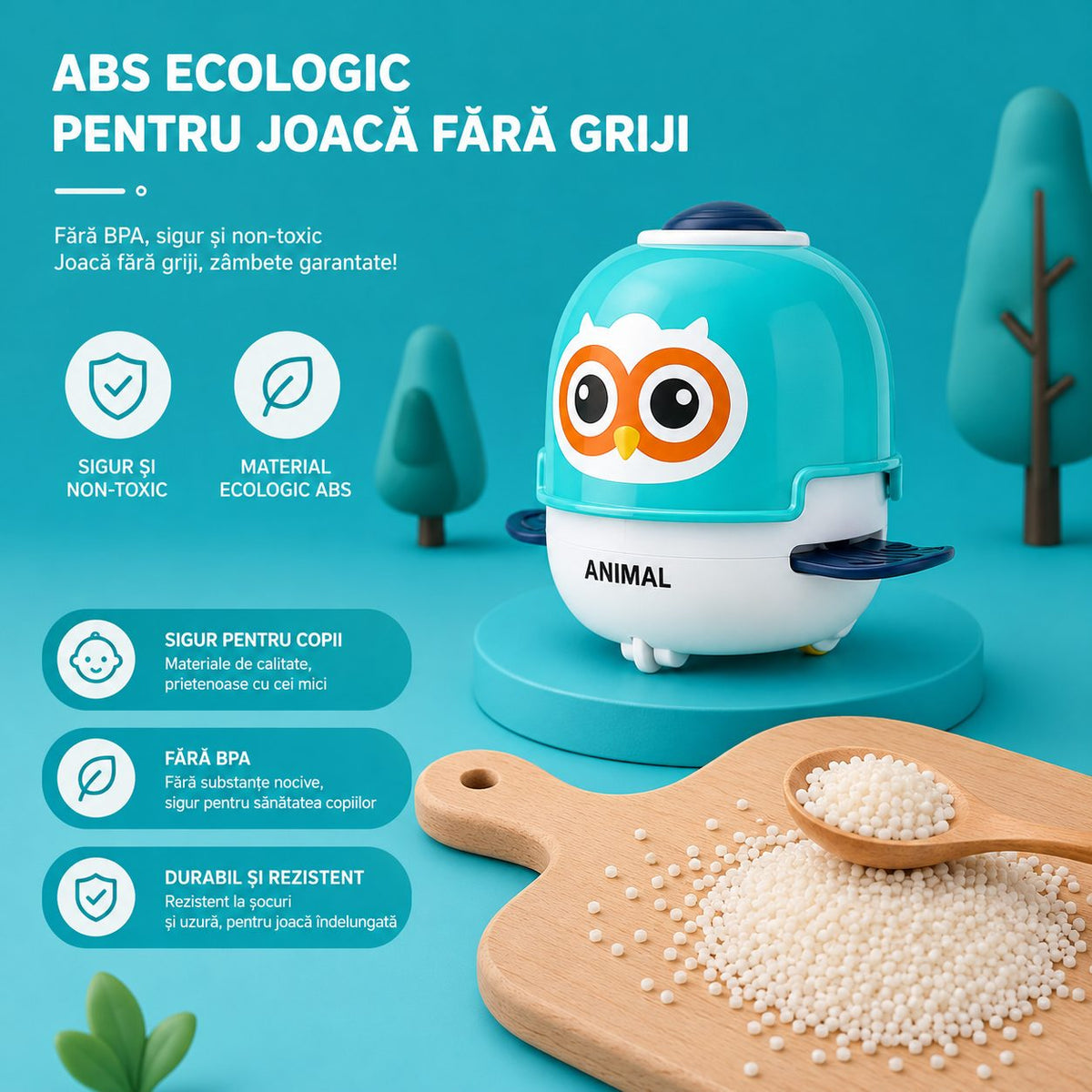 Jucarie Interactiva Robot Bufnita, Cu Sunete, Lumini Si Aripioare Mobile, Plastic ABS, Turcoaz, Pentru Copii 3 Ani+